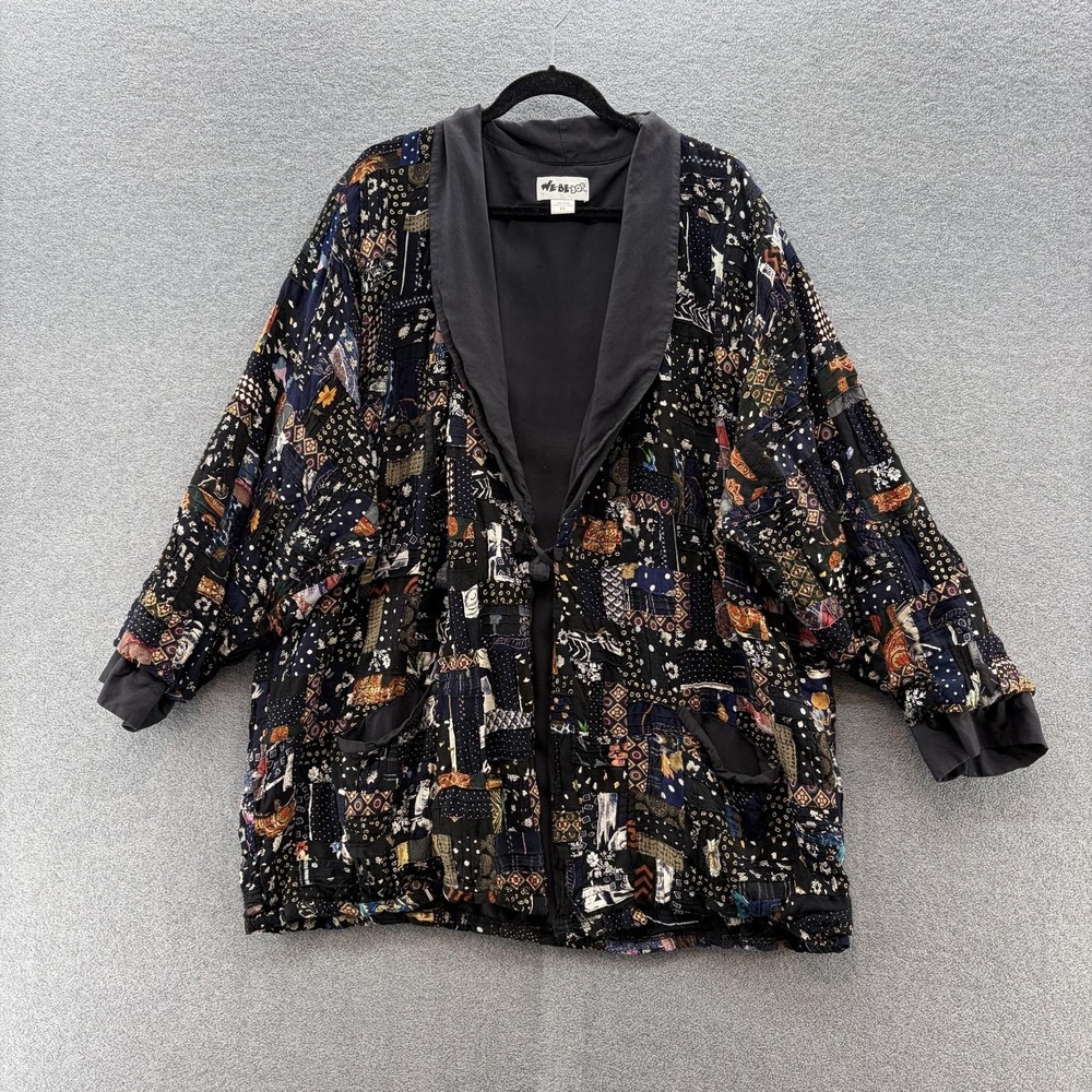 VTG We Be Bop Jacket Womens 2X Black Patchwork Kimono Boho Button Front